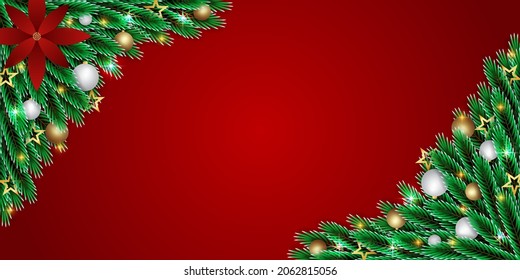 Christmas banner green leaf with red banner golden and white ball golden stars