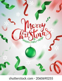 Christmas banner. Green and red silk ribbons and green bauble 