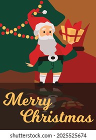Christmas banner or greeting card, poster template with cute gnome near fir tree, flat vector illustration. Xmas holiday banner design with cartoon fantasy personage.
