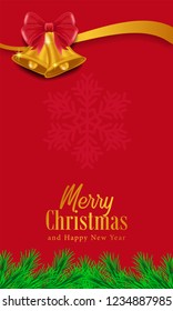 Christmas banner greeting card template with realistic golden bell and fir garland. vector illustration