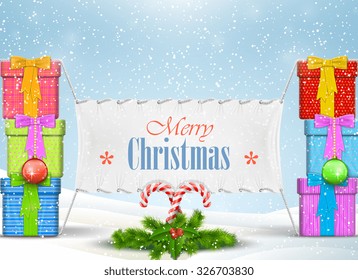 Christmas banner with greeting vector illustration. Merry Christmas greetings on textile banner between two pile of gifts on the snow.