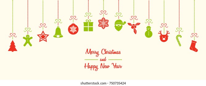 Christmas banner with greetings and hanging ornaments. Vector.