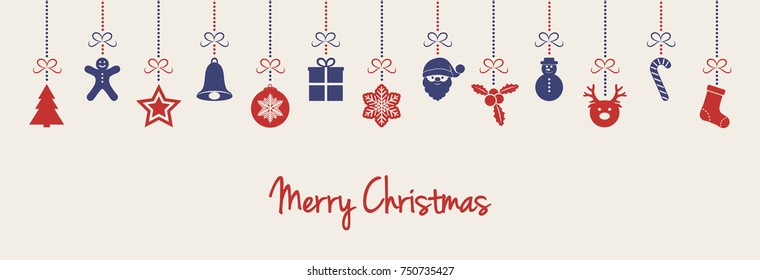 Christmas banner with greetings and hanging ornaments. Vector.