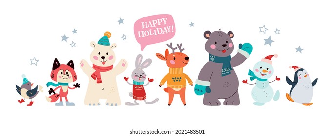 Christmas banner with group of cute winter animals. Polar bear, deer, penguin, fox, rabbit isolated. Vector flat cartoon illustration. For cards, invitations, placards, packaging.