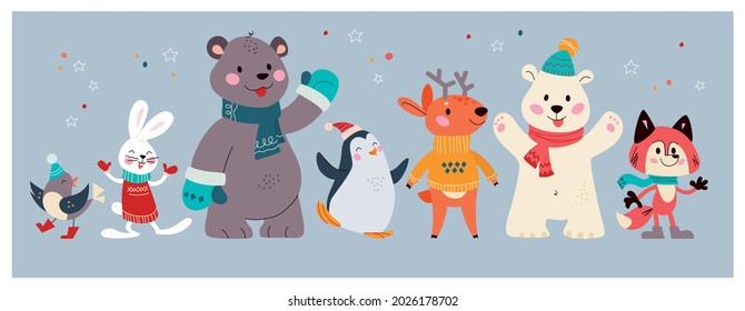 Christmas banner with group of cute winter animals. Polar bear, deer, penguin, fox, rabbit isolated. Vector flat cartoon illustration. For cards, invitations, placards, packaging.