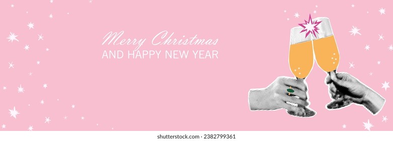 Christmas banner with halftone art collage. Hands holding champagne glasses. Trendy modern retro New year background with copy space for text. Vector illustration