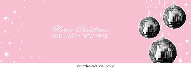 Christmas banner with halftone collage disco ball ornaments hanging on strings. Trendy modern retro New year background with copy space for text. Vector illustration with cut out shapes