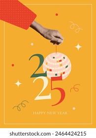 Christmas banner with halftone collage hand holding disco ball hanging on string with numbers 2025. Trendy muted vintage retro New year greeting card. Vector illustration with cut out zine shape.