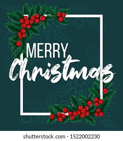 Christmas banner with hand draw vector illustration holly ilex and text merry christmas on dark green background with outline holly berry. Celebration banner concept with mistletoe in sketch style.
