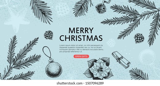 Christmas banner with hand drawn elements such as fir tree branches, pine cones, poinsettia and other decorations. Merry christmas and happy new year flyer, poster, landing page or greeting card.