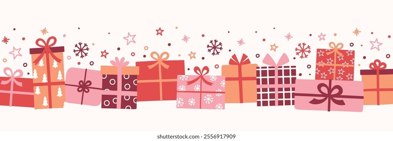 Christmas banner with hand drawn presents with bows. Vector illustration