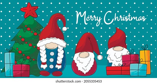 Christmas banner in handdrawn style. Three gnomes in Santa Claus hats, Christmas tree, gifts. Cute holiday card, flyer, banner, invitation