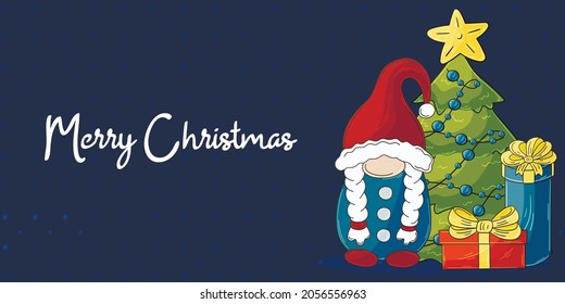 Christmas banner in handdrawn style. Two gnomes in Santa Claus hats, Christmas tree, gifts. Cute holiday card, flyer, banner, invitation