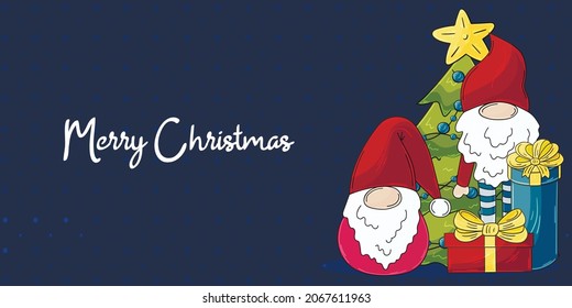 Christmas banner in handdrawn style. Two gnomes in Santa Claus hats, Christmas tree, gifts. Cute holiday card, flyer