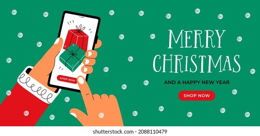 Cartel de Navidad con las manos sosteniendo el smartphone con cajas de regalo en la pantalla. Concepto de entrega rápida en línea de regalos.