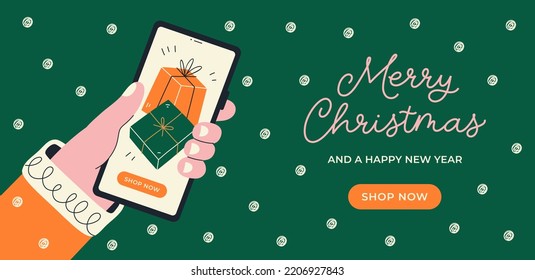 Christmas banner with hands holding smartphone with gift boxes on the screen. Fast online delivery gifts concept. Vector illustration