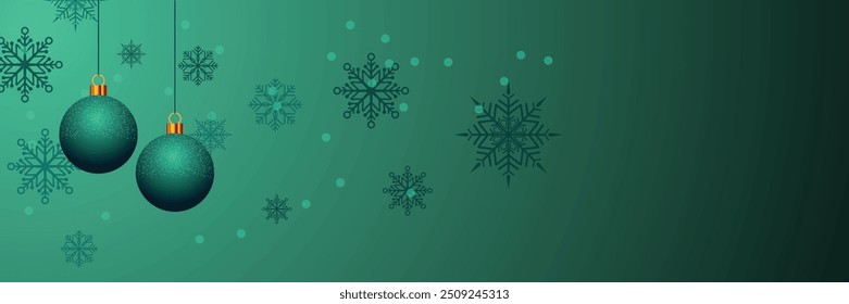 Christmas banner with hanging balls and copy space. New Year greeting card with snowflakes and bokeh background.