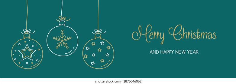 Christmas banner with hanging balls and hand drawn decorations. Vector