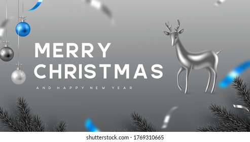 Christmas banner with hanging balls, pine branches and decorative deer. Monochrome grey colors with blue contrast. New Year vector illustration.