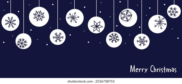 Christmas banner with hanging balls and snowflakes. Holiday garland with snowflakes. Elegant Christmas banner with hand drawn baubles and snowflakes on dark background. Vector illustration