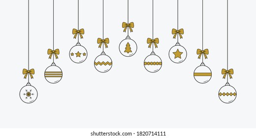 Christmas banner with hanging baubles. Decoration. Vector