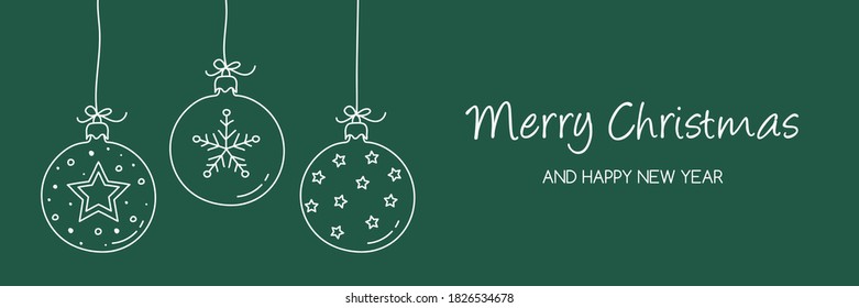 Christmas banner with hanging baubles with decorations. Vector