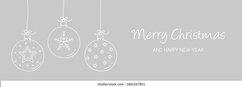 Christmas banner with hanging baubles with decorations. Vector