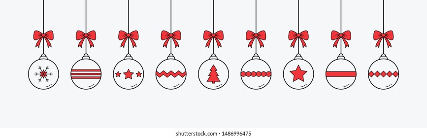 Christmas banner with hanging baubles. Xmas ornament. Vector