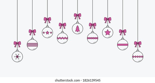 Christmas banner with hanging baubles. Xmas ornament. Vector