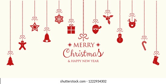 Christmas banner with hanging decorations and wishes. Vector.