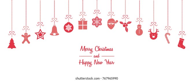 Christmas banner with hanging decorations and wishes. Vector.