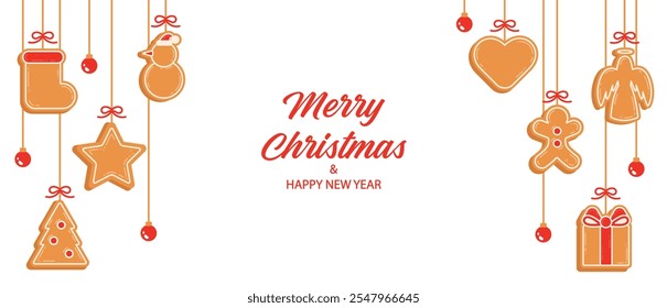 Christmas banner with hanging gingerbread and balls. Greeting card with garland of homemade cookies. Merry Christmas and Happy New Year Lettering.Bakery in shape of man, snowman, angel, Christmas tree