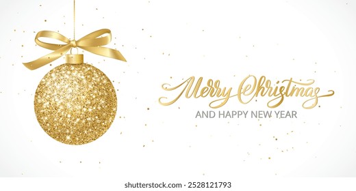 Christmas banner. Hanging golden glitter ball with bow decoration. Merry Christmas calligraphy. Holiday vector background. For New Year cards, headers, party flyers.