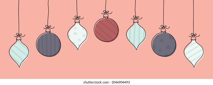 Christmas banner. Hanging hand drawn baubles. Vector