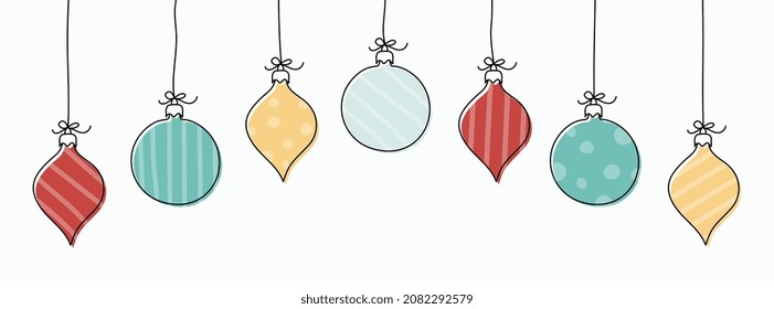 Christmas banner with hanging hand drawn baubles. Vector