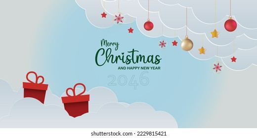 Christmas banner hanging ornament red gift box happy new year cloud light blue sky vector background. 