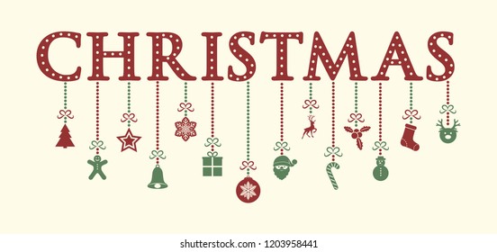Christmas banner with hanging ornaments and greetings. Vector.