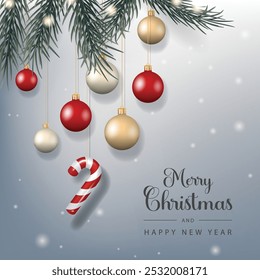 Christmas Banner with hanging ornaments and pine leaves on snowy background