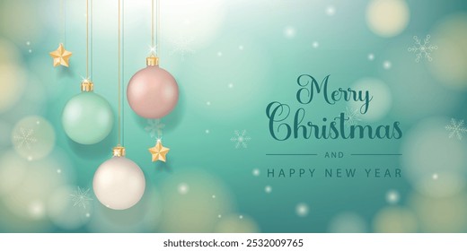 Christmas Banner with hanging ornaments. Vector illustration.