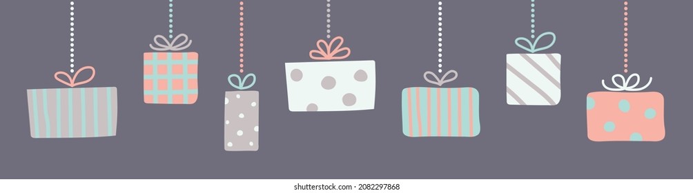 Christmas banner with hanging present boxes. Vector 