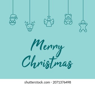 Christmas banner with hanging christmas toys like santa claus, deer, angel, beer, cookie. Blue, turquoise christmas banner. Vector illustration.