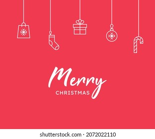 Christmas banner with hanging christmas toys like bag, sock, gift box, ball, candy cane. Red christmas banner. Vector illustration.