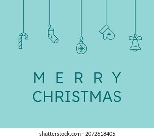 Christmas banner with hanging christmas toys like candy cane, sock, ball, glove, bell. Blue, turquoise christmas banner. Vector illustration.