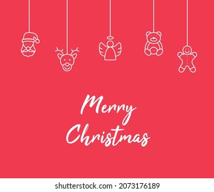 Christmas banner with hanging christmas toys like santa claus, deer, angel, beer, cookie. Red christmas banner. Vector illustration.