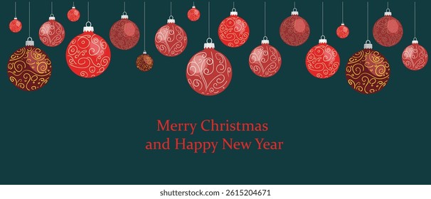 Christmas banner with hanging Christmas tree balls on blue background.