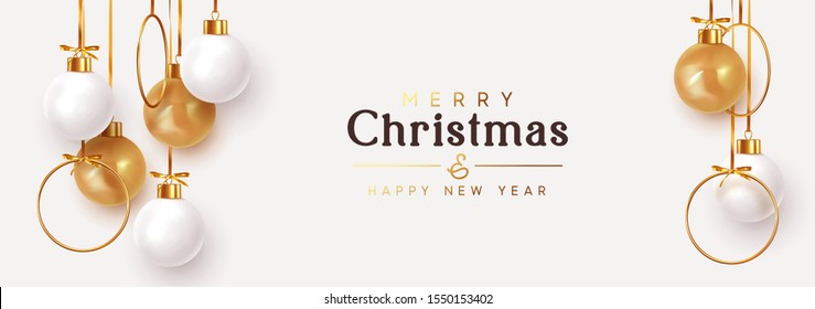 Christmas banner. Hanging white and gold Xmas decorative bauble, 3d golden metallic ball on the ribbon. Festive realistic decor. Horizontal Christmas poster, header website. vector illustration