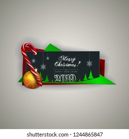 Christmas banner. Happy New Year banner with cutout of paper Christmas trees, snowflakes,  sign 2019, christmas ball and candy cane. Festive banner with inscription Merry Christmas, and Happy New Year
