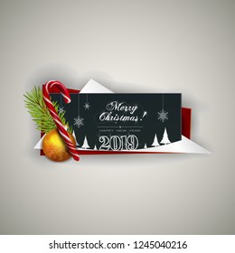 Christmas banner. Happy New Year banner with cutout of paper Christmas trees, snowflakes,  sign 2019, christmas ball and candy cane. Festive banner with inscription Merry Christmas, and Happy New Year