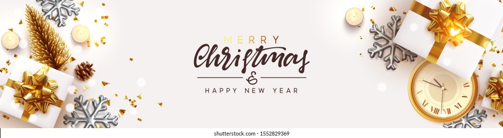 Christmas banner. Happy New Year Background Decorative Christmas Ornaments, realistic gift boxes, 3d snowflake, Xmas ball, lush pine tree. Glitter gold confetti. Holiday decoration. Decor Border Christmas banner. Happy New Year Background Decorative Christmas Ornaments, realistic gift boxes, 3d snowflake, Xmas ball, lush pine tree. Glitter gold confetti. Holiday decoration. Decor Border