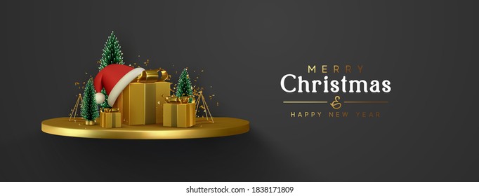 Christmas banner. Happy New Year background. Xmas composition golden podium with fluffy pine tree and fir trees, gold 3d gifts boxes, shiny tinsel confetti. Winter greeting design. vector illustration